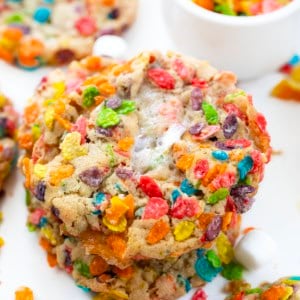 Close up of Fruity Pebbles Cookies on a white table.