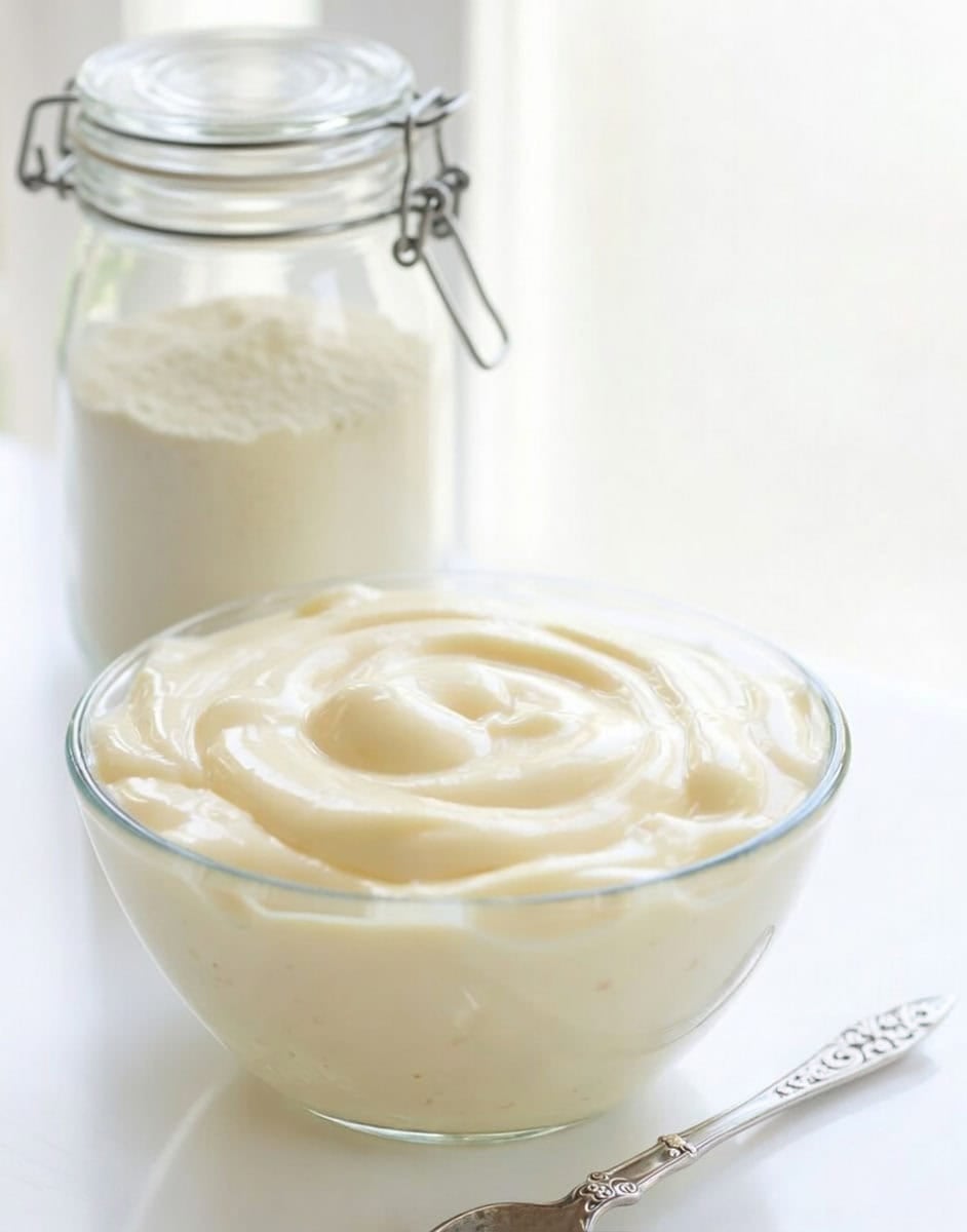 Bowl of Homemade Vanilla Pudding sitting in front of the jar Bowl of Homemade Vanilla Pudding sitting in front of the jar.