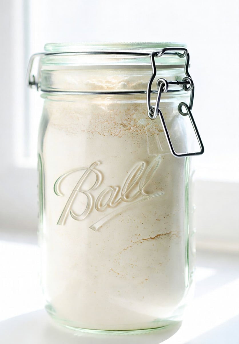 Jar of Homemade Vanilla Pudding Mix on a white counter in front of a window.