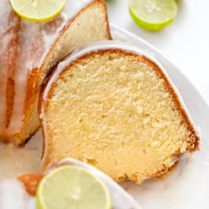 Cut into Key Lime Pound Cake with a piece laying on its side.