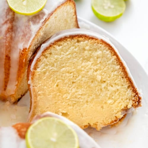 Cut into Key Lime Pound Cake with a piece laying on its side.