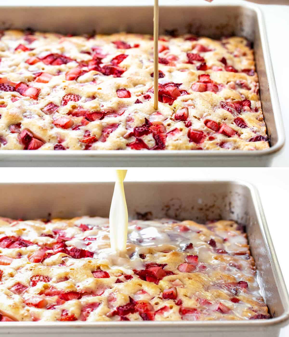 Poking holes into Old Fashioned Strawberry Sheet Cake then pouring the liquid over top.