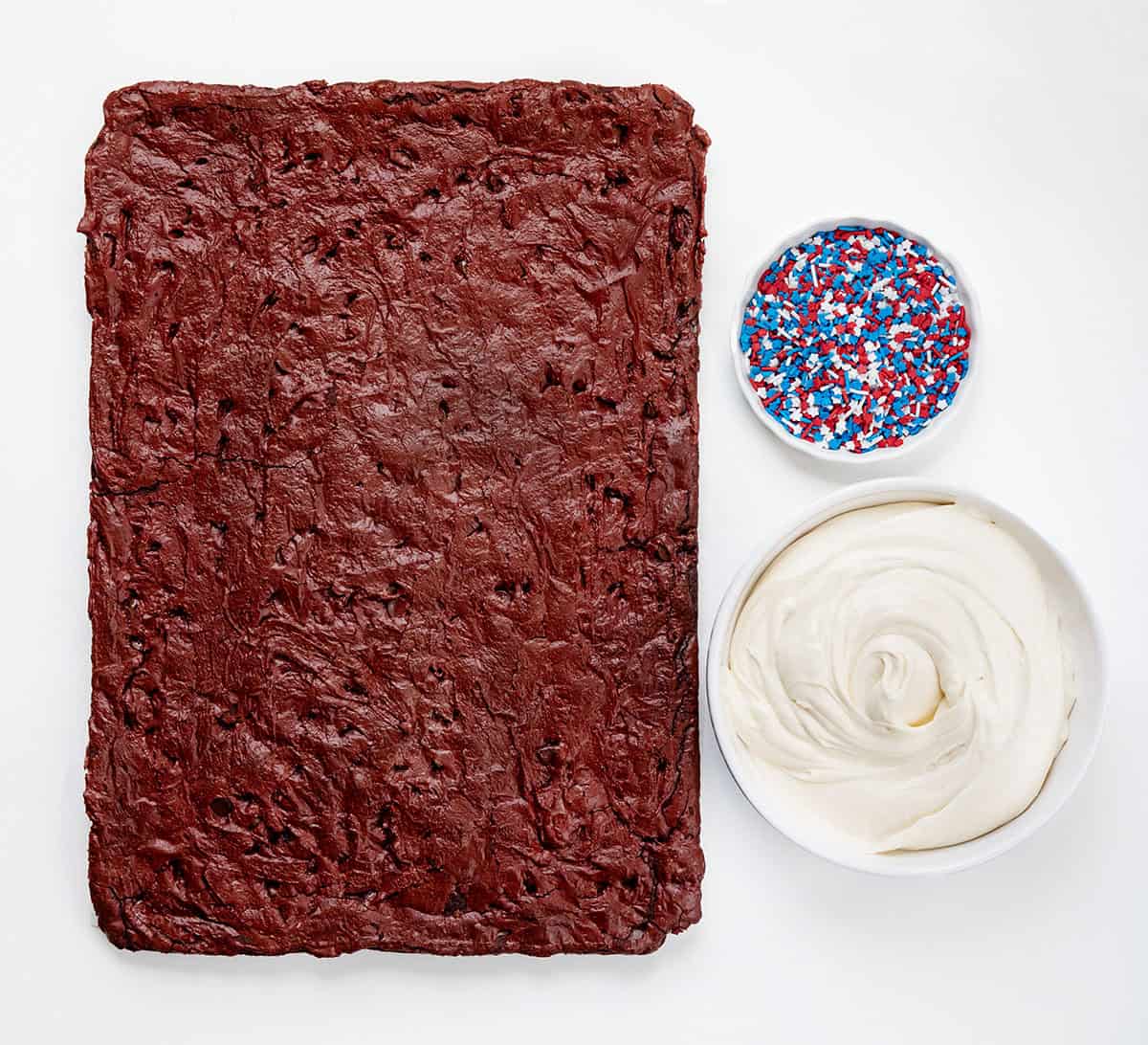 Patriotic Red Velvet Sheet Pan Brownie ingredients before it is assembled.