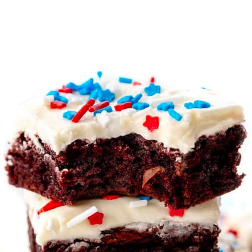Close up of a bitten into Patriotic Red Velvet Sheet Pan Brownie.