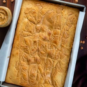 Peanut Butter Sheet Cake on a wooden table from overhead.