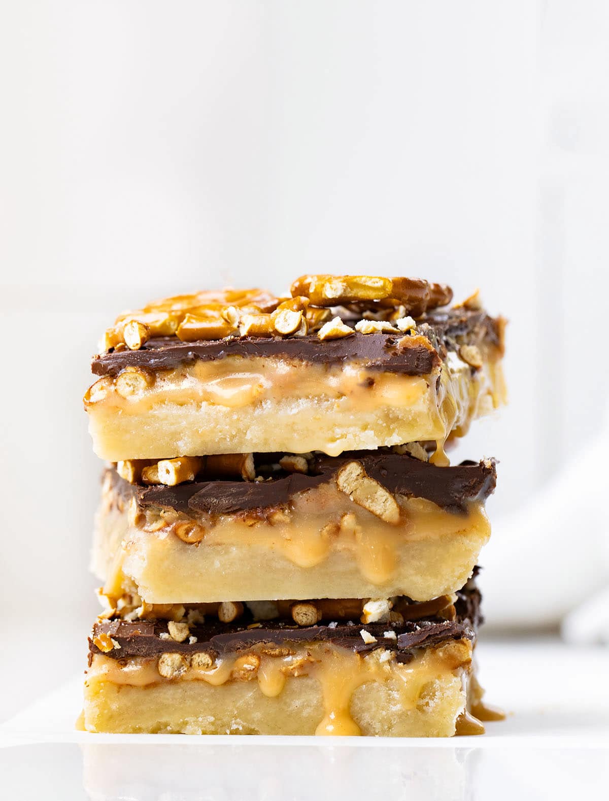 Stack of Salted Caramel Pretzel Bars.