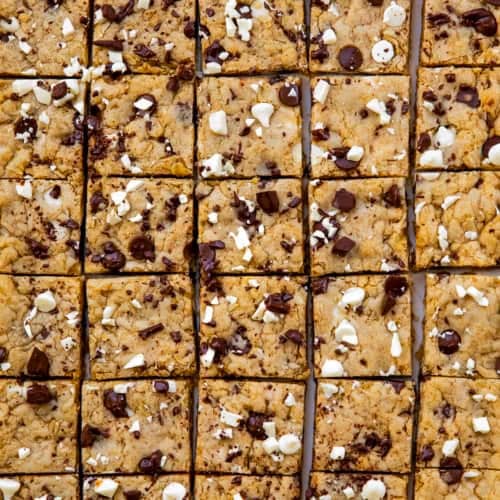 Sheet Pan Marry Me Cookies cut into squares from overhead.