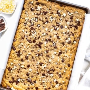 Sheet Pan Marry Me Cookies in the pan on a white table from overhead.