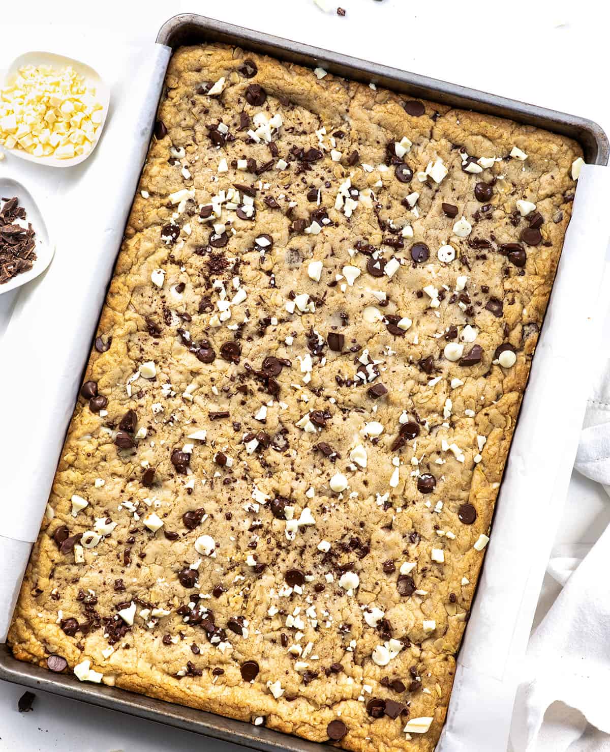 Sheet Pan Marry Me Cookies in the pan on a white table from overhead.