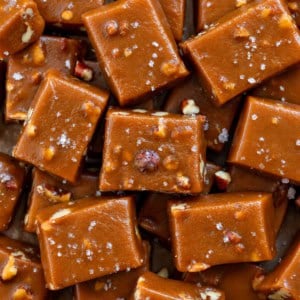 Close up of Soft Salted Pecan Caramels squares.