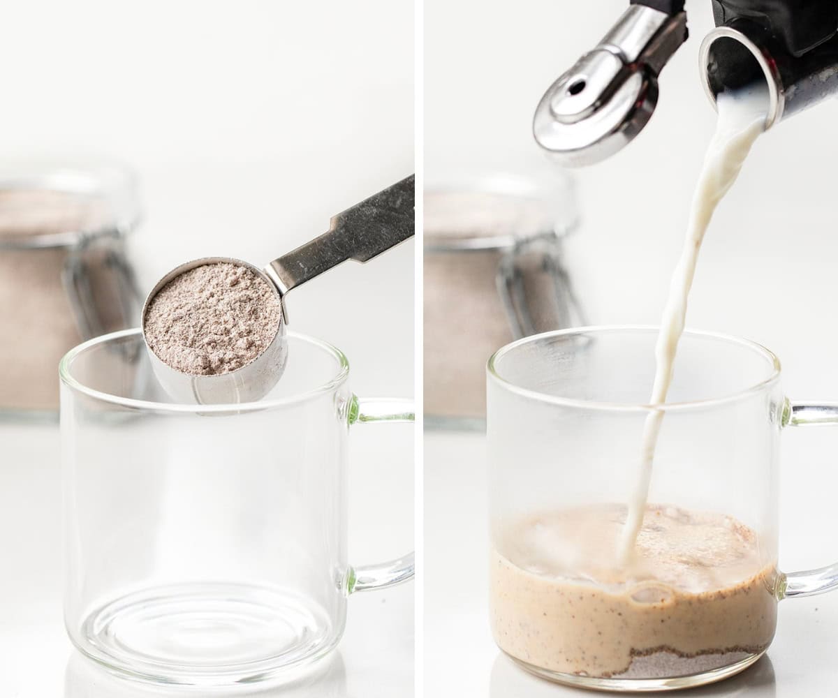 Adding Vanilla Latte Mix to a glass and pouring hot milk into a glass Adding Vanilla Latte Mix to a glass and pouring hot milk into a glass.