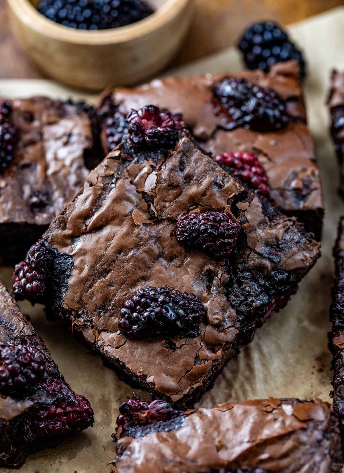 Close up of Blackberry Balsamic Brownies on a table Close up of Blackberry Balsamic Brownies on a table.