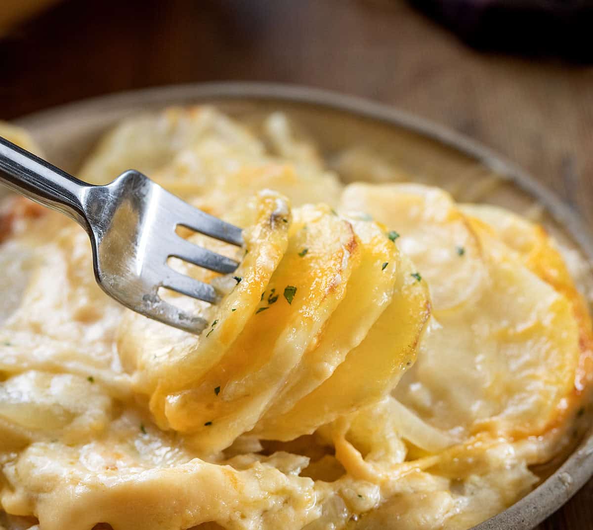 Fork picking up a portion of Cheesy Scalloped Potatoes from a plate.