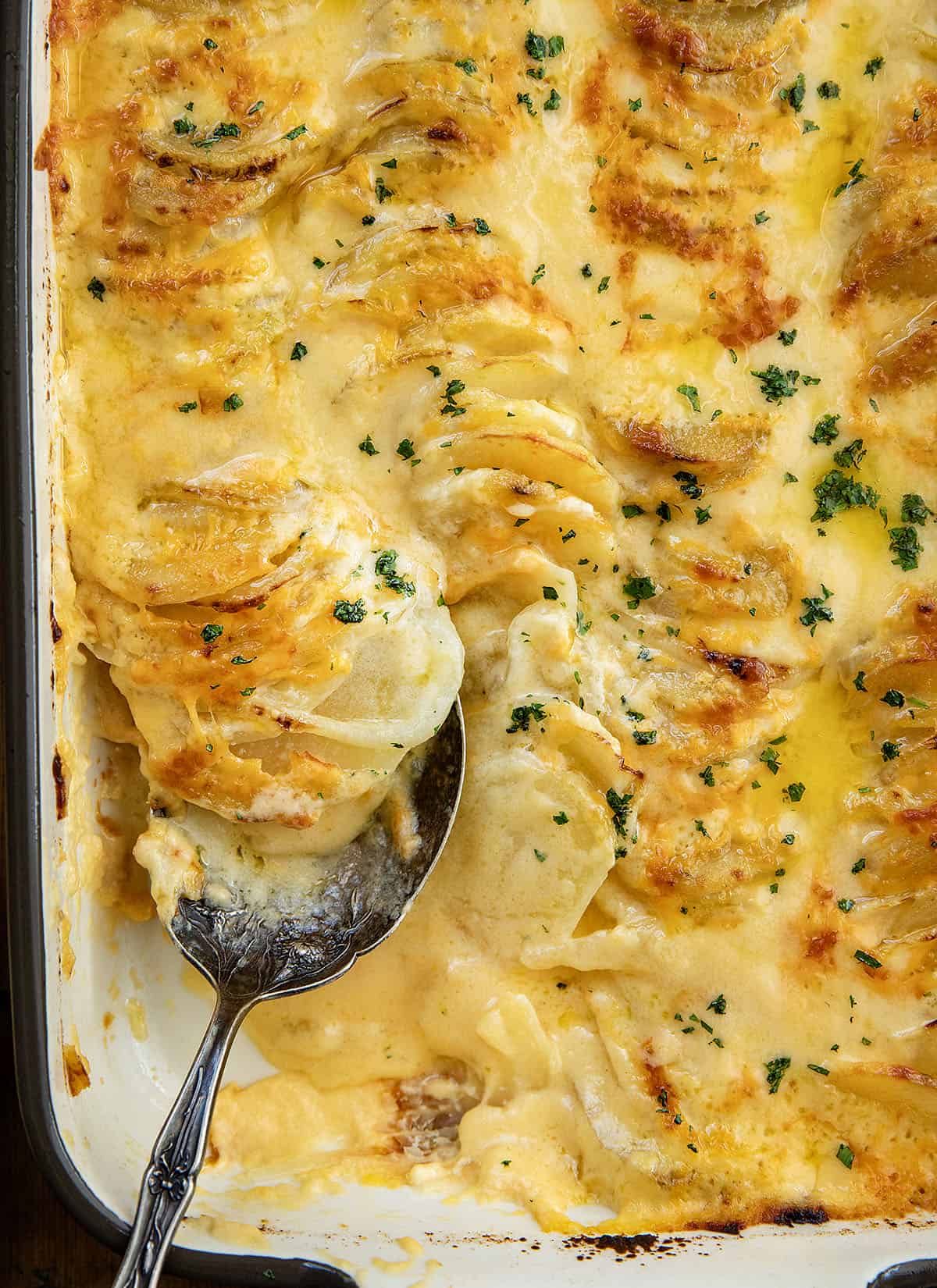 Close up of Cheesy Scalloped Potatoes in the pan with a serving spoon and some removed.