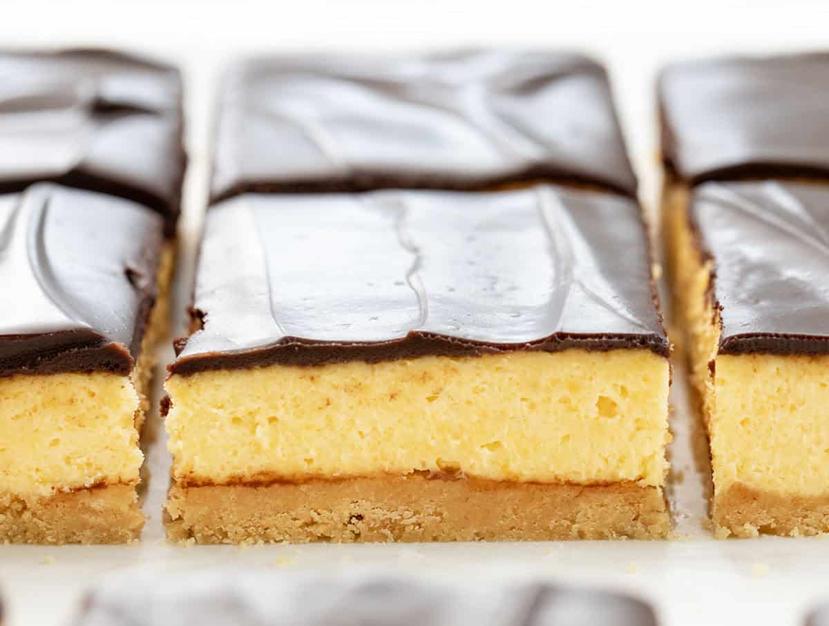 Close up of No Bake Boston Cream Pie Bars cut into squares.