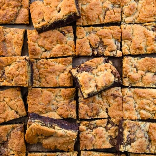 Peanut Butter Brookies cut into squares with some on their sides from overhead.