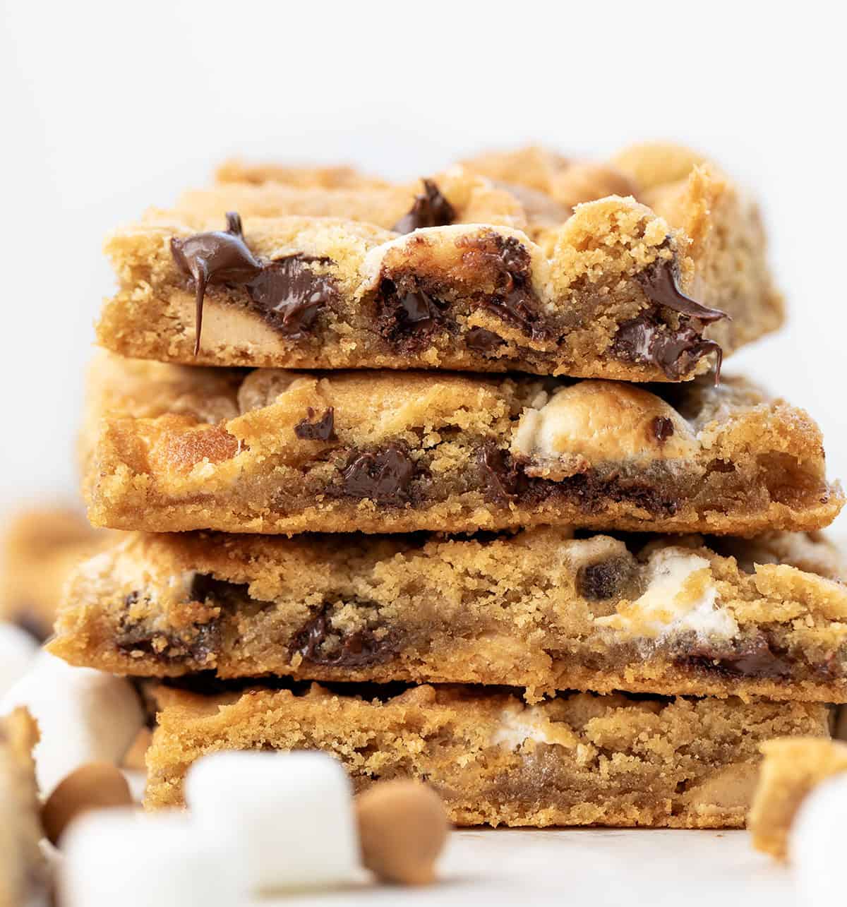 Stack of Sheet Pan Peanut Butter Marshmallow Cookies on a white table.