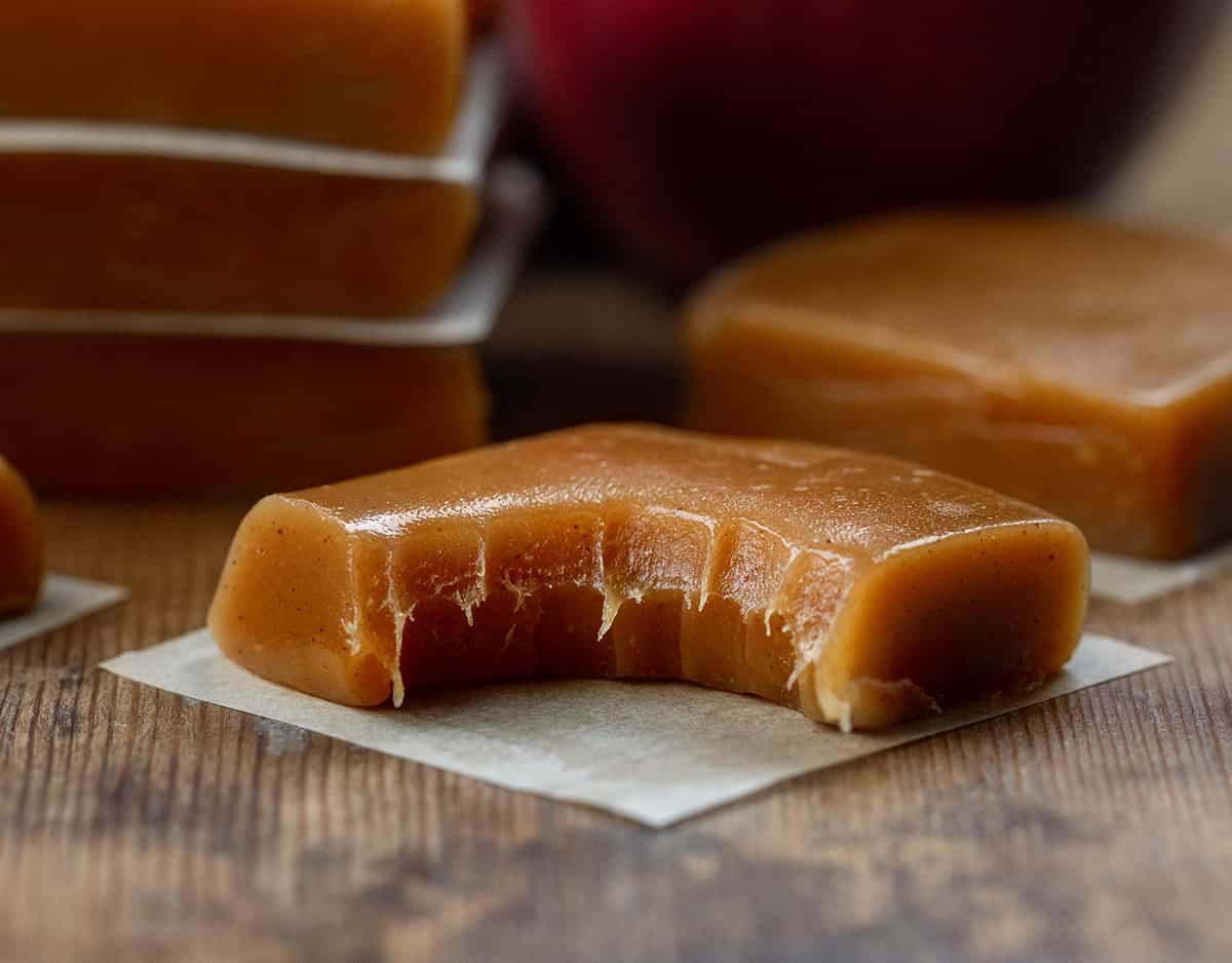 Close up of a bit into Apple Cider Caramel.