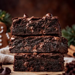 Stack of Chocolate Gingerbread Brownies on a wooden table with pine cones and evergreen needles.