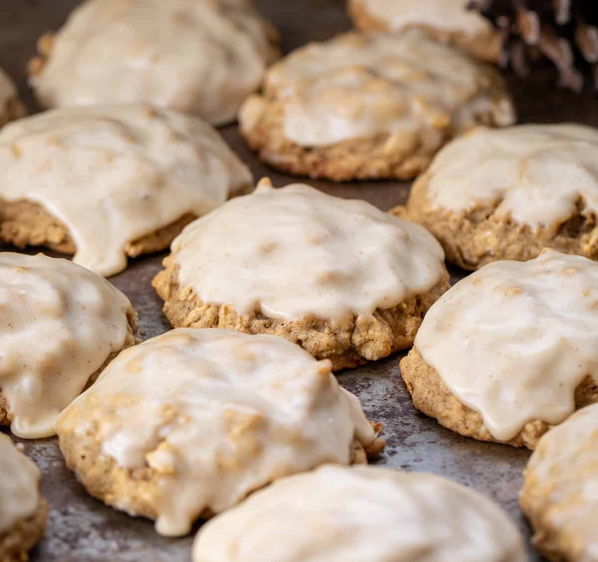 Iced Gingerbread Oatmeal Cookies laying flat Iced Gingerbread Oatmeal Cookies laying flat.