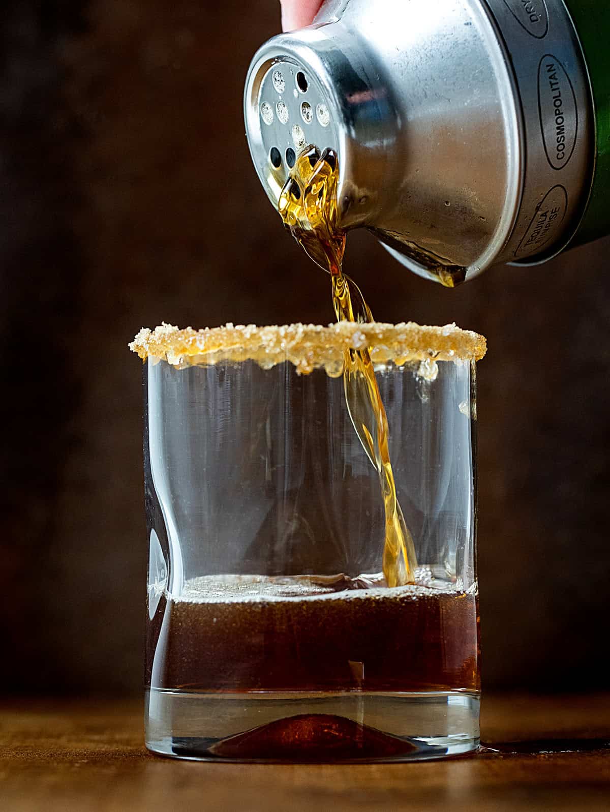 Pour Maple Bourbon Espresso into a glass with a sugar and salt rim Pour Maple Bourbon Espresso into a glass with a sugar and salt rim.