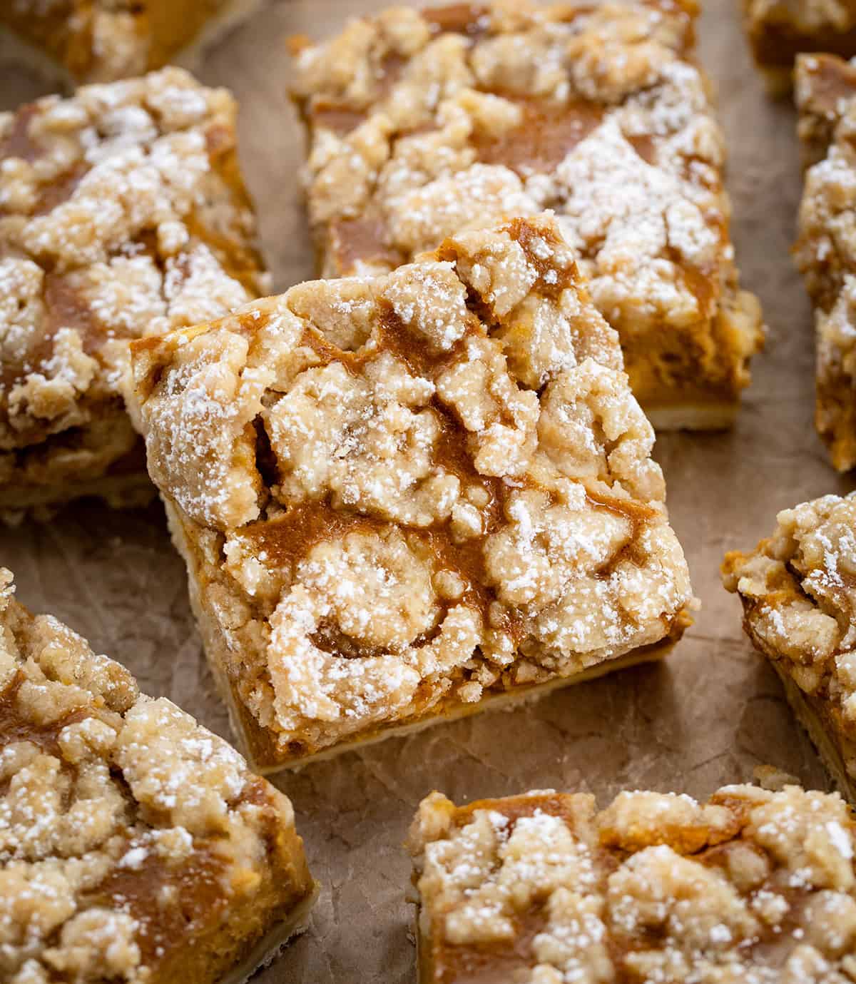 Close up of cut Pumpkin Cream Crumb Bars.